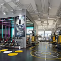Vibrant Fitness Studio With Red Exercise Bikes Colorful LED Lights And Mountain View Screen