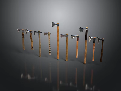 Various Axes With Different Heads And Wooden Handles Arranged In A Row 3d model