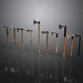 Various Axes With Different Heads And Wooden Handles Arranged In A Row
