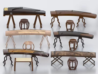 Traditional Chinese Guzheng Musical Instruments With Wooden Stools And Various Classical Designs 3d model