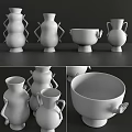 White Ceramic Vases With Unique Shapes Displayed On Dark Background Tabletop 3d model