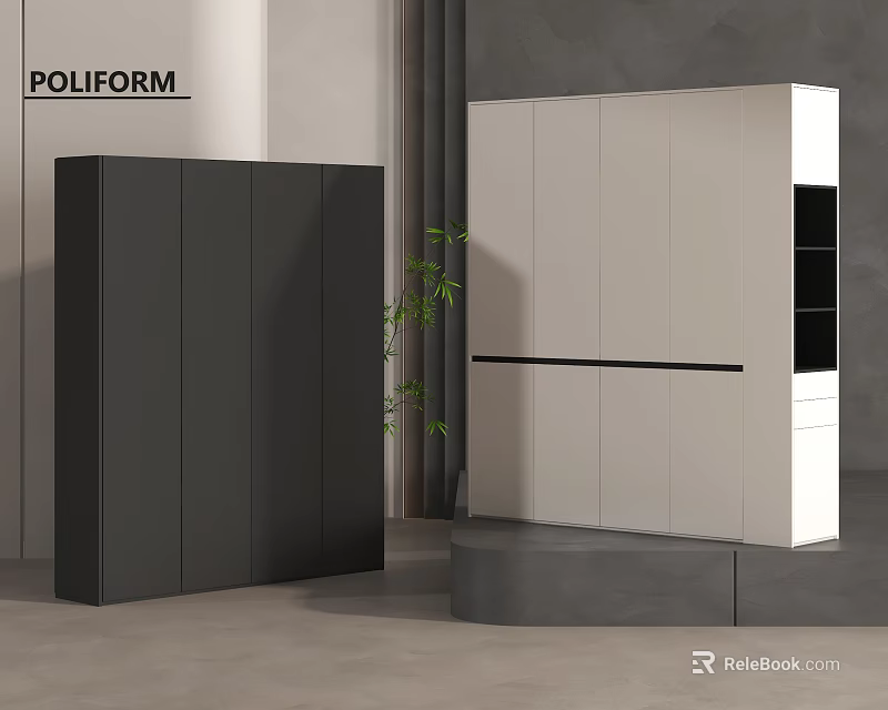 Modern Black And White Wardrobes With Green Plant In Gray Room Interior 3d model 