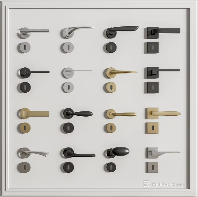 Various Styles Door Handles in Gold Black Silver Metal Displayed on White Panel 3d model 