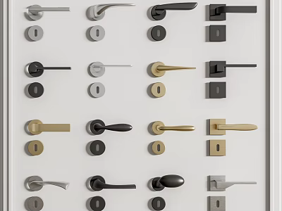 Various Styles Door Handles in Gold Black Silver Metal Displayed on White Panel 3d model