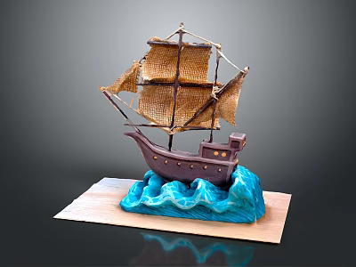Decorative Sailboat Ornament Set With Sails Wave Base And Wooden Platform 3d model