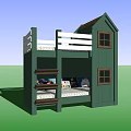 Light Green Kids Bunk Bed With House Shaped Design Wooden Windows And Ladder