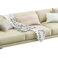 Modern Beige Three Seater Sofa With Soft Fabric Cushions And Throw Blanket 3d model