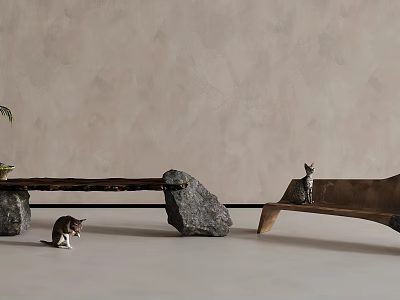 Wooden Bench Supported by Stones with Two Cats Near Light Colored Wall and Floor 3d model