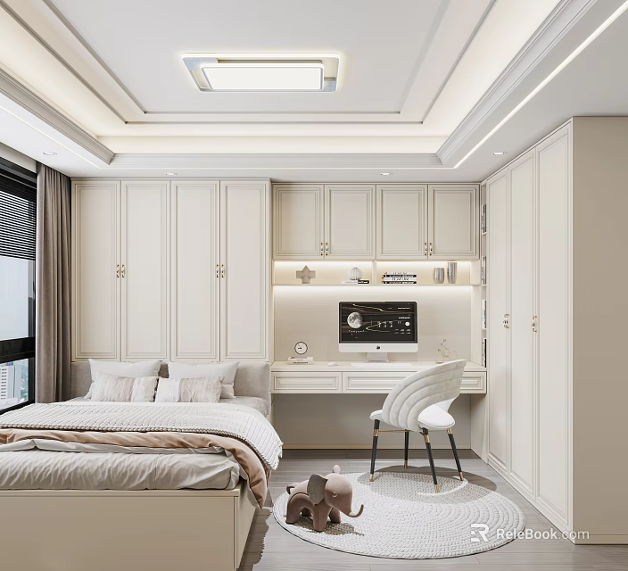 Cozy Tatami Bedroom Interior With Bed Storage Cabinets Study Desk And Chair 3d model 