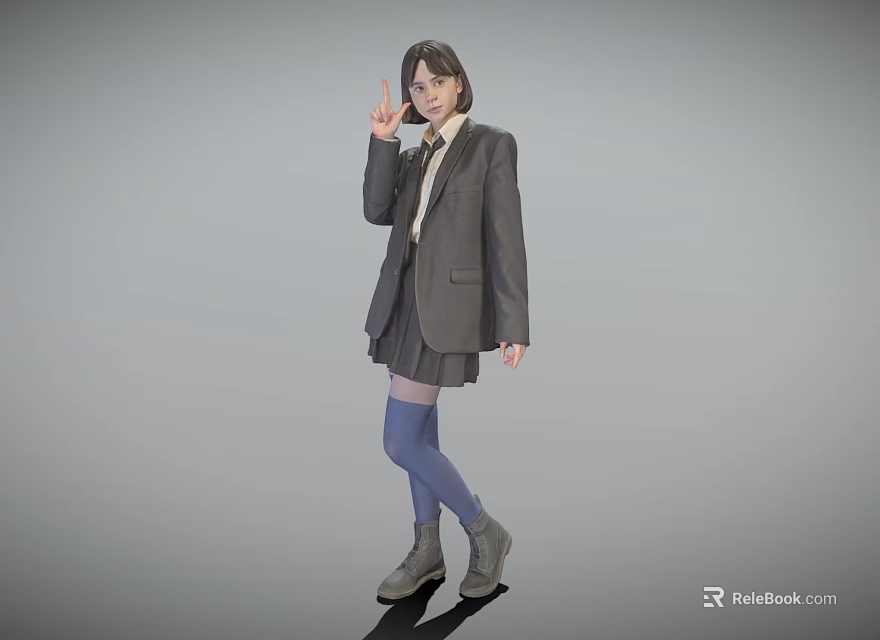 A Woman In School Uniform Blazer Skirt Blue Socks Boots And Hand Gesture 3d model 