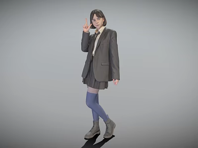 A Woman In School Uniform Blazer Skirt Blue Socks Boots And Hand Gesture 3d model