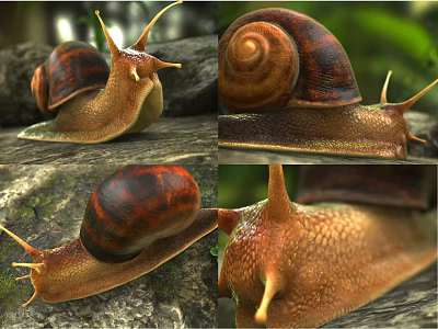 Snail With Brown Spiral Shell And Long Antennae On Mossy Tree Bark 3d model
