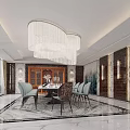 Luxurious Private Dining Room Interior With Chandelier Dining Table And Wall Art 3d model