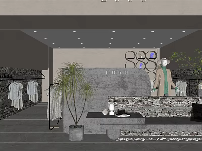 Stylish Clothing Store Interior Featuring Displayed Clothes Mannequin Potted Plant And Lighting 3d model
