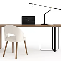 Modern Wooden Desk Setup with Laptop Black Lamp and White Chair