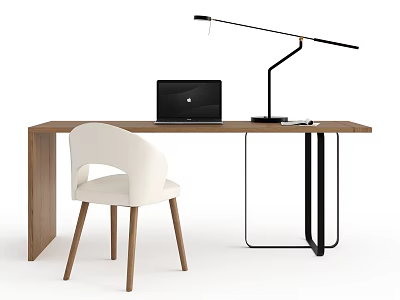 Modern Wooden Desk Setup with Laptop Black Lamp and White Chair 3d model