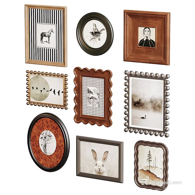 Decorative Photo Wall With Various Frames Different Styles Wooden And Metal Borders 3d model 