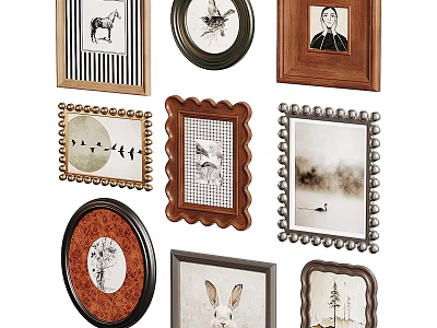 Decorative Photo Wall With Various Frames Different Styles Wooden And Metal Borders 3d model