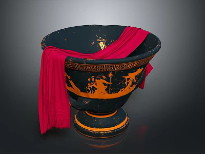 Ancient Style Sculpted Vase In Black With Orange Mythological Carvings And Red Drape 3d model