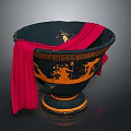 Ancient Style Sculpted Vase In Black With Orange Mythological Carvings And Red Drape
