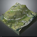 3D Mountainous Terrain Model With Green Vegetation Snowy Peaks And Lakes
