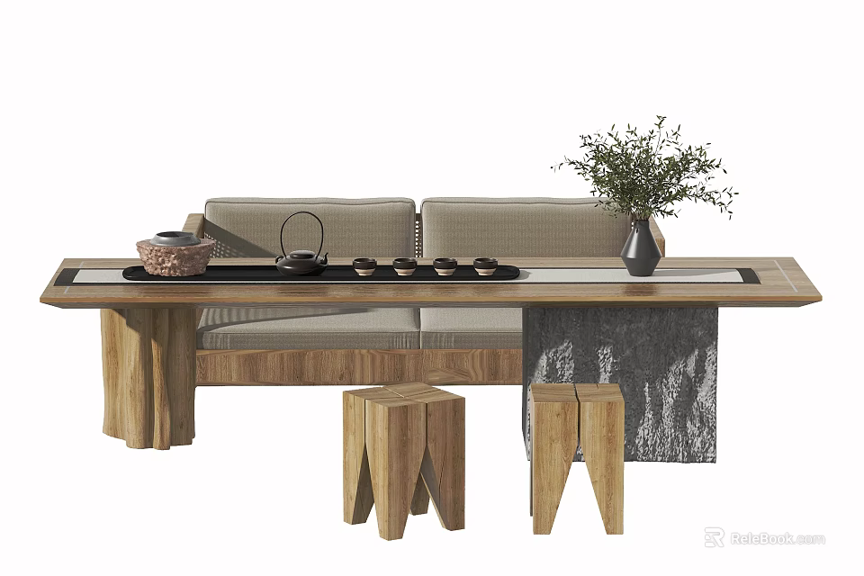 Rustic Wooden Tea Table With Matching Stools Tea Set And Green Plant Decor 3d model