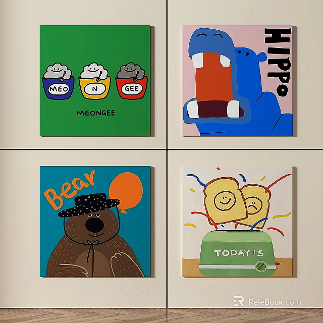 Vibrant Abstract Paintings With Cartoon Hippo Bear Toast And Text Elements 3d model 