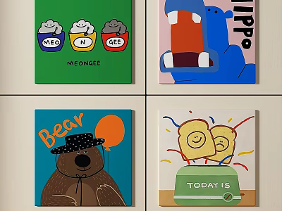 Vibrant Abstract Paintings With Cartoon Hippo Bear Toast And Text Elements 3d model