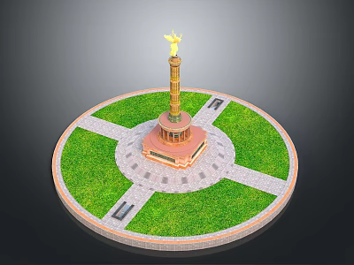 Monument Structure With Golden Statue On Circular Base And Green Lawn Cross Pathways 3d model