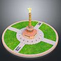 Monument Structure With Golden Statue On Circular Base And Green Lawn Cross Pathways