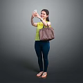 Woman Taking Selfie With Smartphone Wearing Yellow Top Blue Jeans Sandals And Brown Checkered Handbag