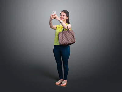 Woman Taking Selfie With Smartphone Wearing Yellow Top Blue Jeans Sandals And Brown Checkered Handbag 3d model