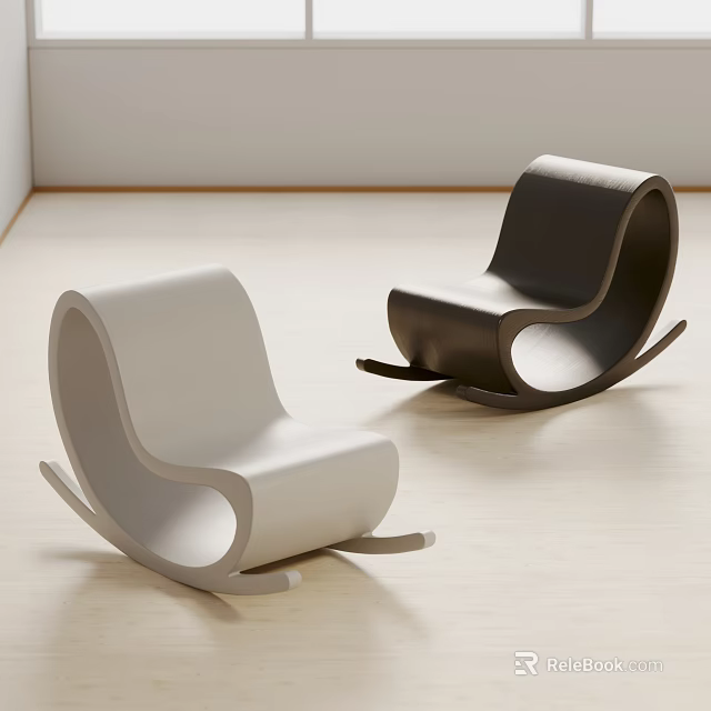 Modern White And Black Rocking Chairs With Minimalist Design On Light Wooden Floor 3d model 