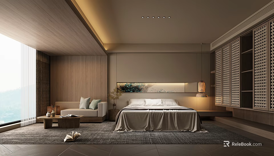 Modern Hotel Room With Wooden Walls Large Bed Light Bedding Sofa Warm Lighting Shutter Windows 3d model 
