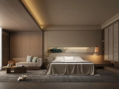Modern Hotel Room With Wooden Walls Large Bed Light Bedding Sofa Warm Lighting Shutter Windows 3d model