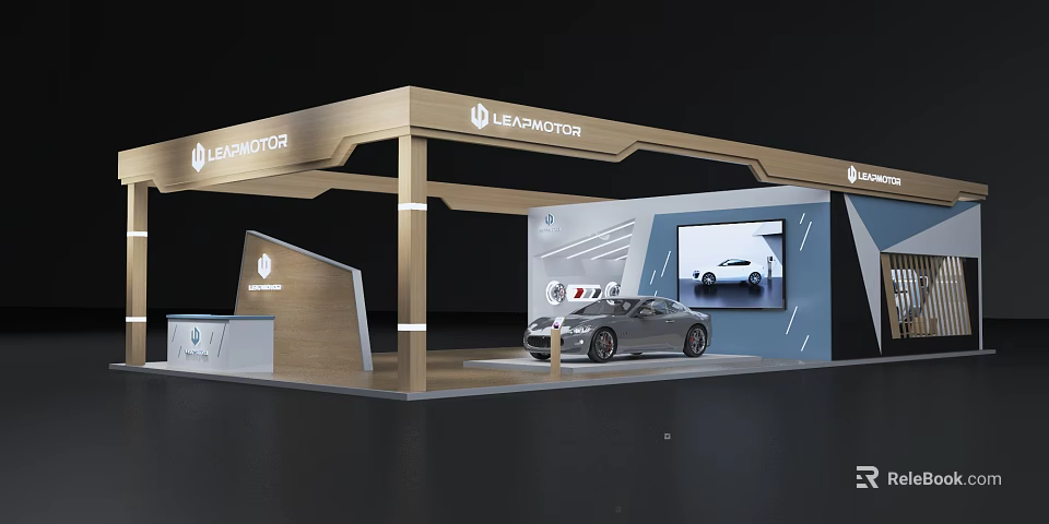 LEAPMOTOR Exhibition Booth with Silver Car Display and Screen Showing Vehicle in Modern Design 3d model 