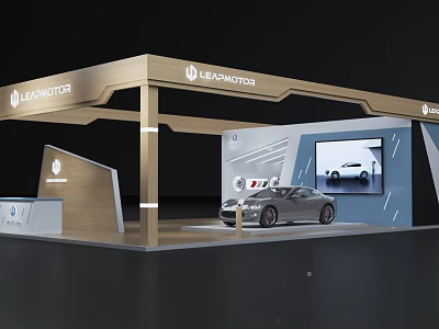 LEAPMOTOR Exhibition Booth with Silver Car Display and Screen Showing Vehicle in Modern Design 3d model