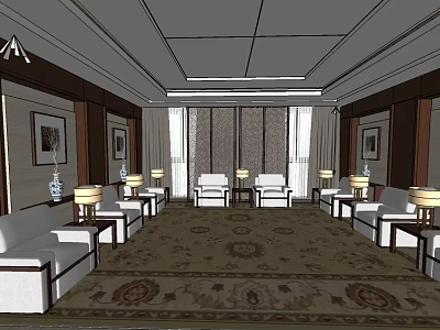 Elegant Hotel Public Lounge With White Sofas Wooden Decor Area Rug And Wall Paintings 3d model