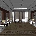 Elegant Hotel Public Lounge With White Sofas Wooden Decor Area Rug And Wall Paintings