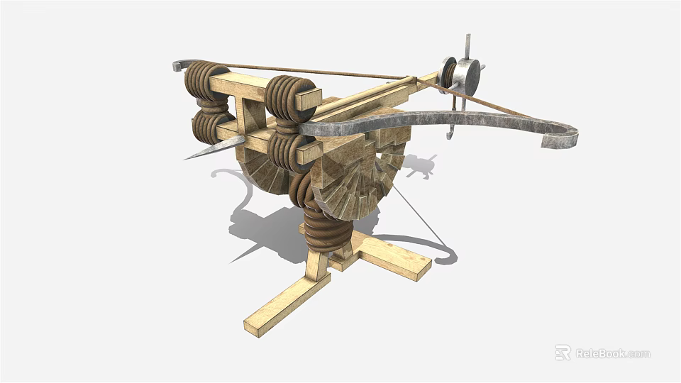 Ancient Wooden Siege Weapon With Wheels Launch Mechanism And Metal Parts Structure 3d model 