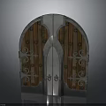 Antique Arched Double Door With Wooden Panels And Ornate Metal Decorations