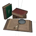 Open Vintage Book With Magnifying Glass And Stacked Colorful Antique Books