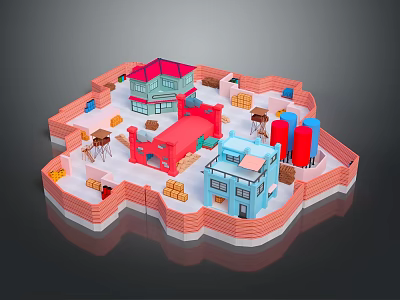 Cartoon Scene With Colorful Buildings Brick Wall Fence Green Red Roofs And Small Houses 3d model