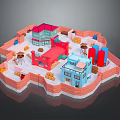 Cartoon Scene With Colorful Buildings Brick Wall Fence Green Red Roofs And Small Houses