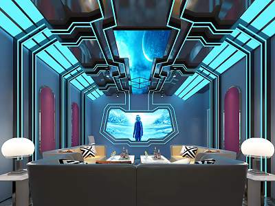 Modern Tech Style KTV Room With Blue Neon Lights Large Screen And Comfortable Sofa Seats 3d model