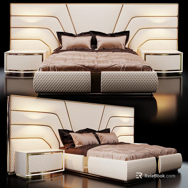 Modern Double Bed With Upholstered Headboard And Side Tables Lighting Design 3d model 