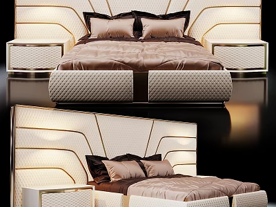 Modern Double Bed With Upholstered Headboard And Side Tables Lighting Design 3d model