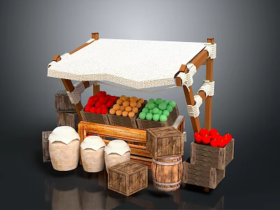 Fresh Fruit Stall With White Canopy Colorful Red Yellow Green Fruits Wooden Barrels And Crates 3d model