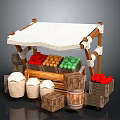 Fresh Fruit Stall With White Canopy Colorful Red Yellow Green Fruits Wooden Barrels And Crates
