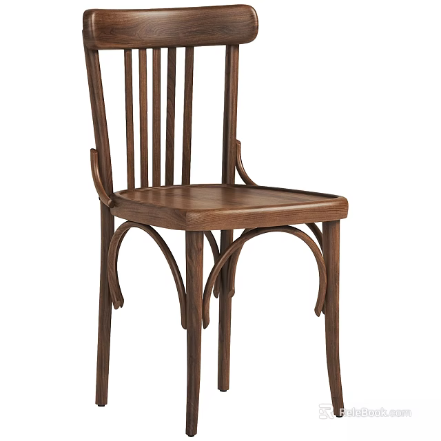 Classic Wooden Single Chair With Curved Backrest And Arched Legs Design 3d model 